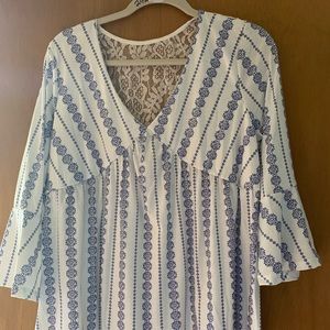 White and Blue Floral Top with Lace Back